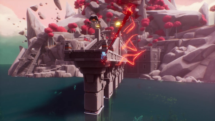 A character with a red scarf on a bridge