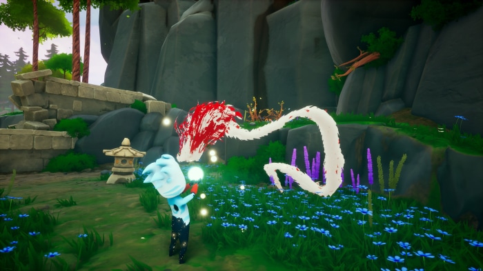 Blue creature with a white scarf in a forest