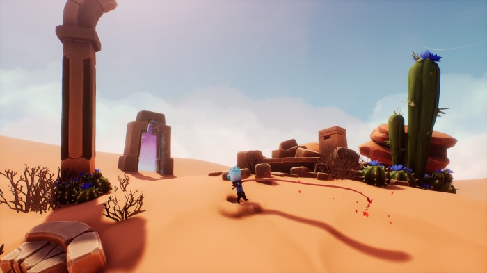 Character with scarf in desert ruins