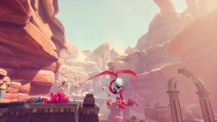 Character with red scarf flying in desert landscape