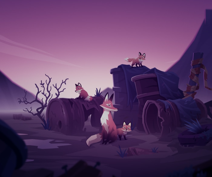 Four foxes in a desolate landscape