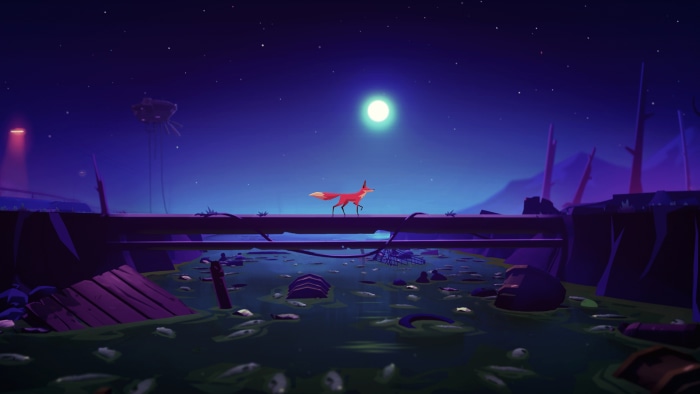 Fox walks on a bridge over polluted water at night