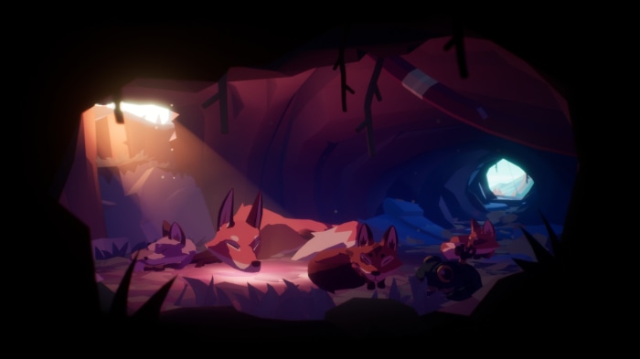 Fox family resting in a cave