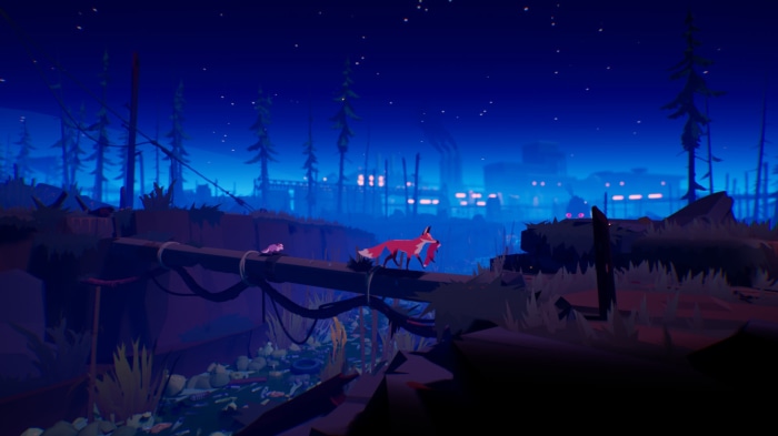 Fox and mouse on a bridge at night