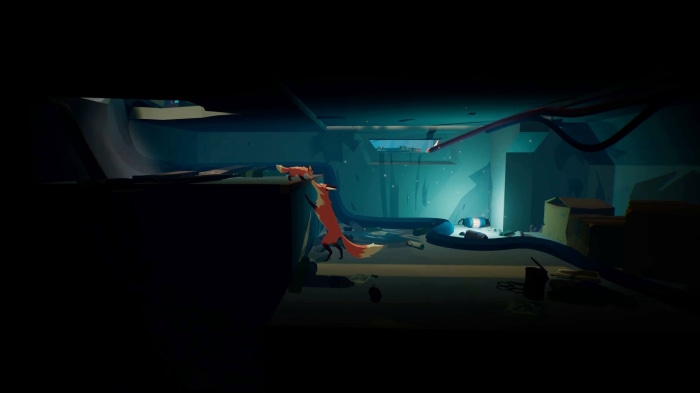 Two foxes in a dark, ruined environment