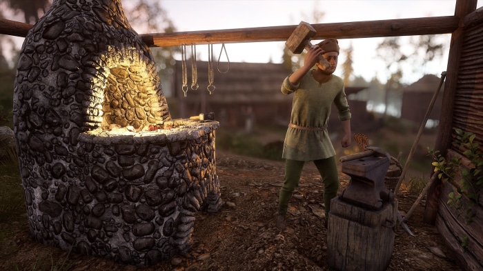 Blacksmith working at a forge in Medieval Dynasty