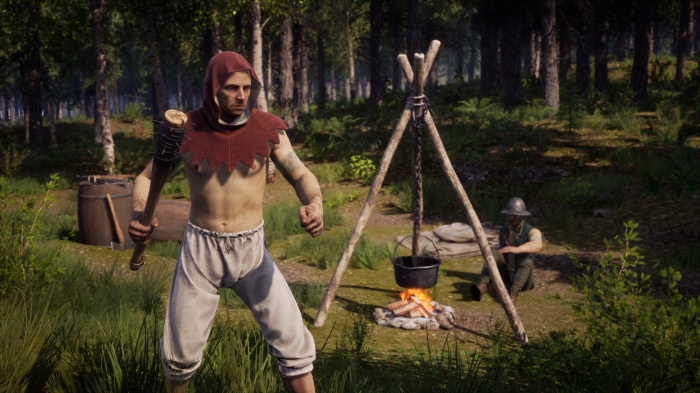 Man with club and another man by campfire in forest