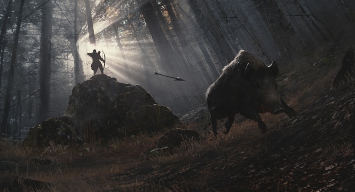 Archer hunting a wild boar in a forest