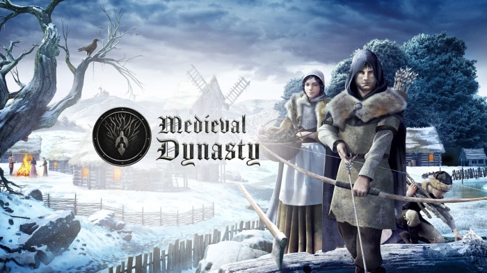 Medieval Dynasty game logo with winter village scene