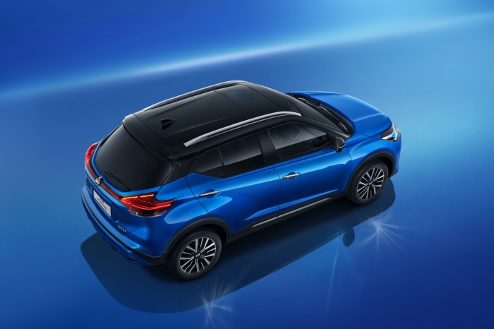 Blue Nissan Kicks SUV with black roof