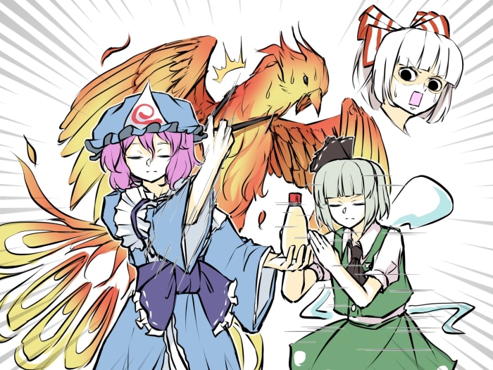 Touhou: Youmu Konpaku, Fujiwara no Mokou, and Yuyuko Saigyouji with a phoenix