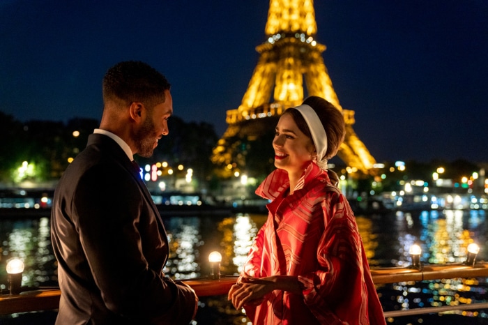 Emily in Paris: Lily Collins and Lucien Laviscount by Eiffel Tower