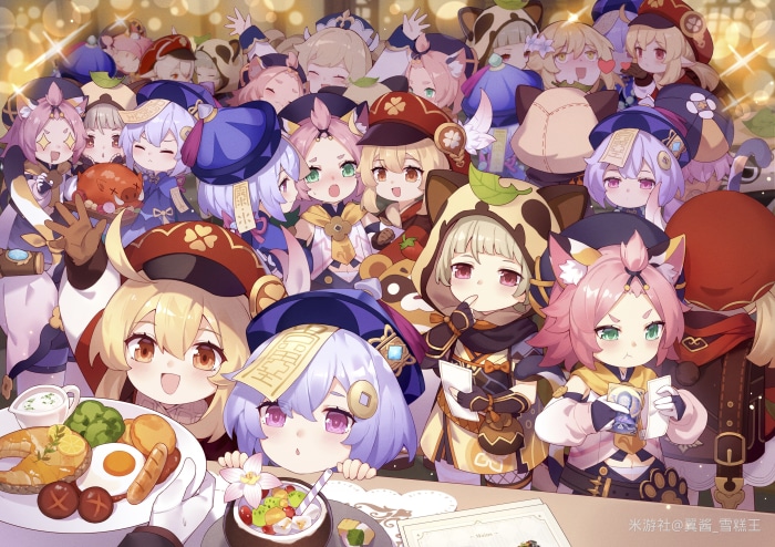 Genshin Impact characters Diona, Lumine, Sayu, Klee, and Qiqi at a meal