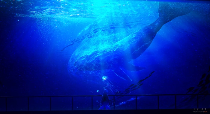 Sangonomiya Kokomi from Genshin Impact with a whale and jellyfish