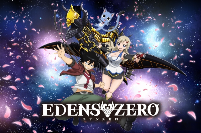 Shiki and Rebecca from Edens Zero with a robot and Happy