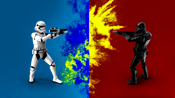 Stormtrooper and Dark Trooper facing off with explosions