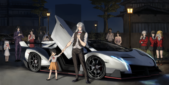 Sesshomaru and Yumeko Jabami with a Lamborghini