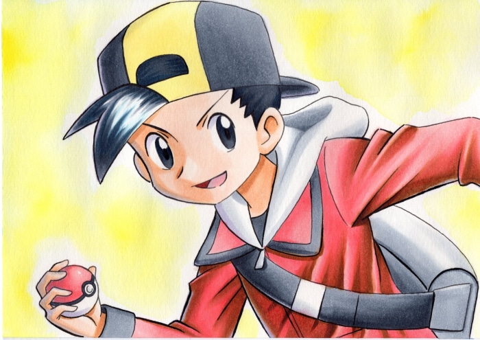 Ethan from Pokémon holding a Pokeball