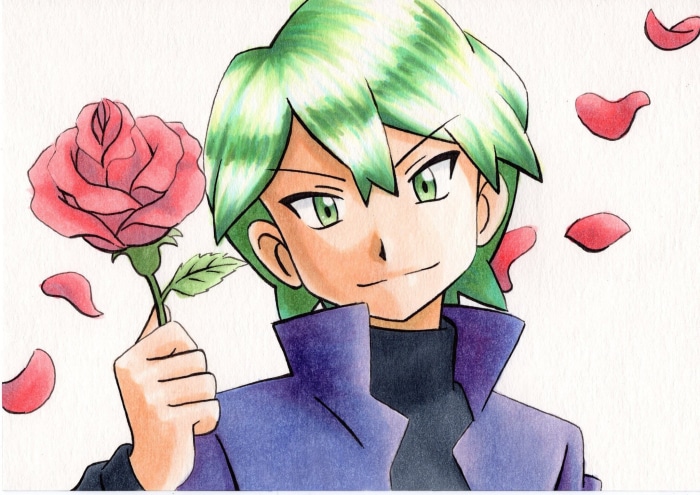 Drew from Pokémon holding a rose