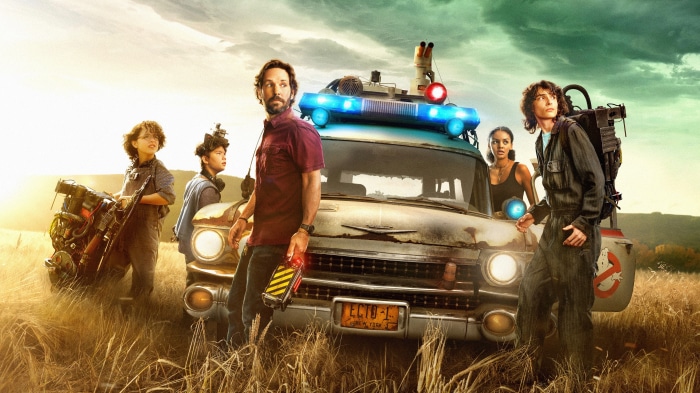 Ghostbusters: Afterlife cast with Ecto-1