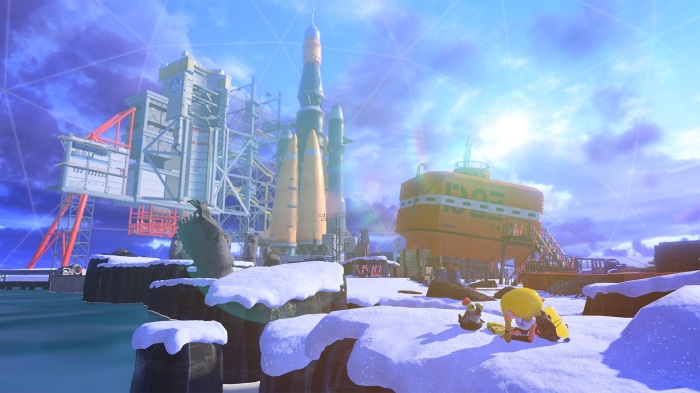 Splatoon 3 characters at a snowy launch site