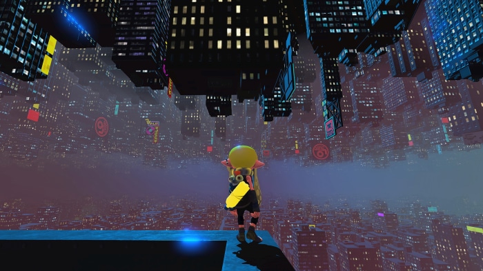 Splatoon 3 character in a futuristic city
