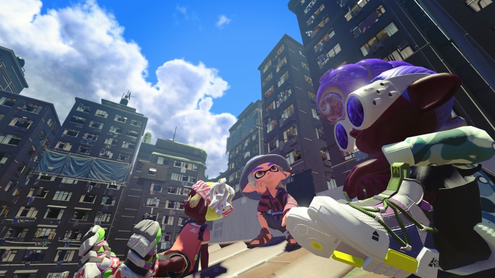 Splatoon 3 characters in a city