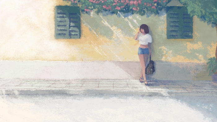 Girl leaning against a wall with flowers