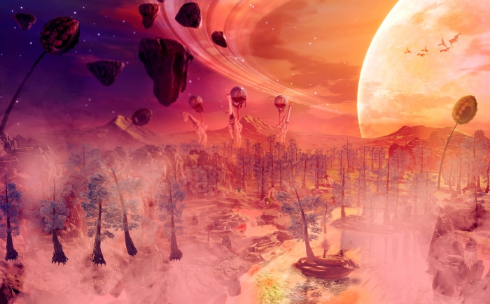 Alien landscape with floating islands and a large planet