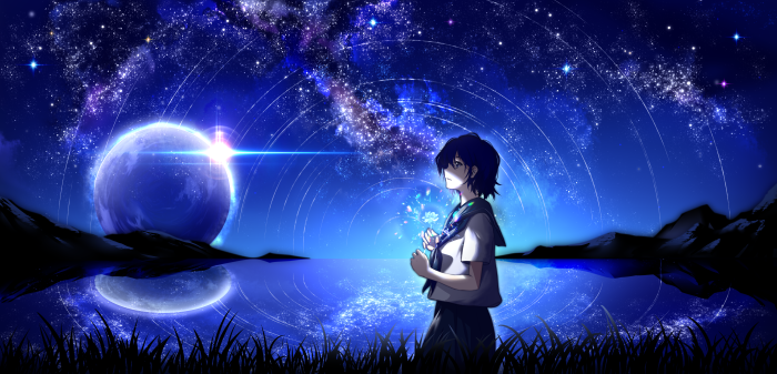 Girl in School Uniform Under Starry Night Sky