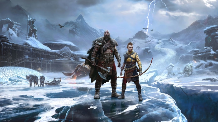 Kratos and Atreus from God of War: Ragnarök in a snowy landscape