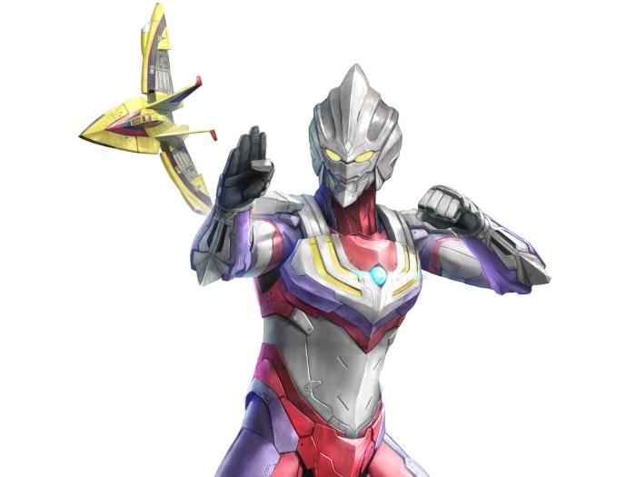 Ultraman Tiga with a yellow jet