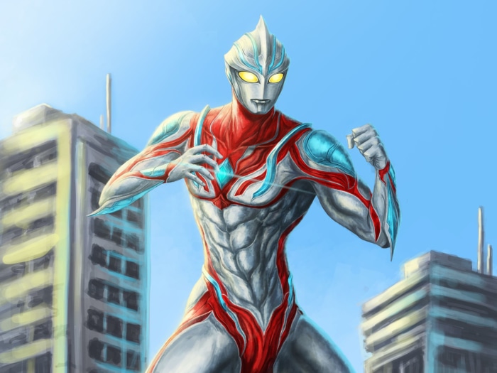 Ultraman Tiga standing in a city