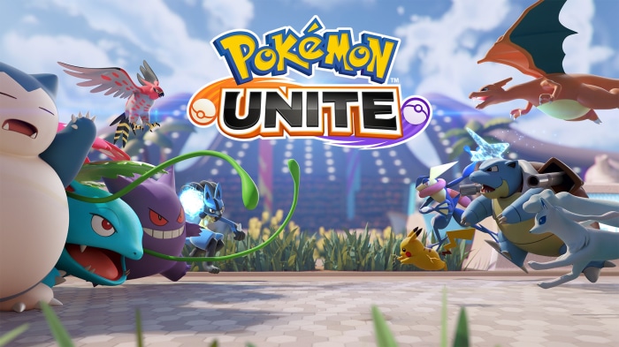 Pokémon UNITE featuring Snorlax, Venusaur, Gengar, Lucario, Charizard, Greninja, Blastoise, Pikachu, and Ninetales
