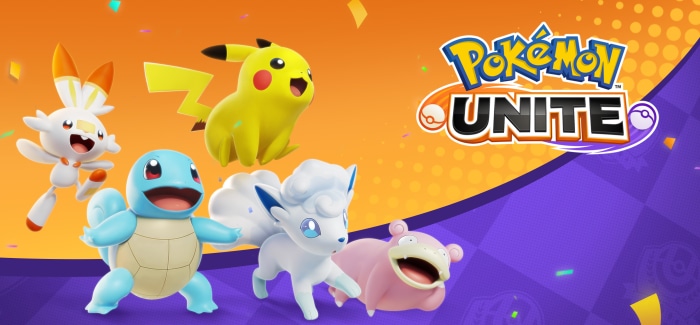 Pokemon Unite with Pikachu, Squirtle, Scorbunny, Vulpix, and Slowbro