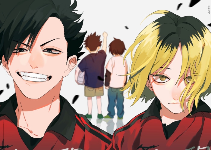 Kuroo and Kenma from Haikyu!! with two boys in background