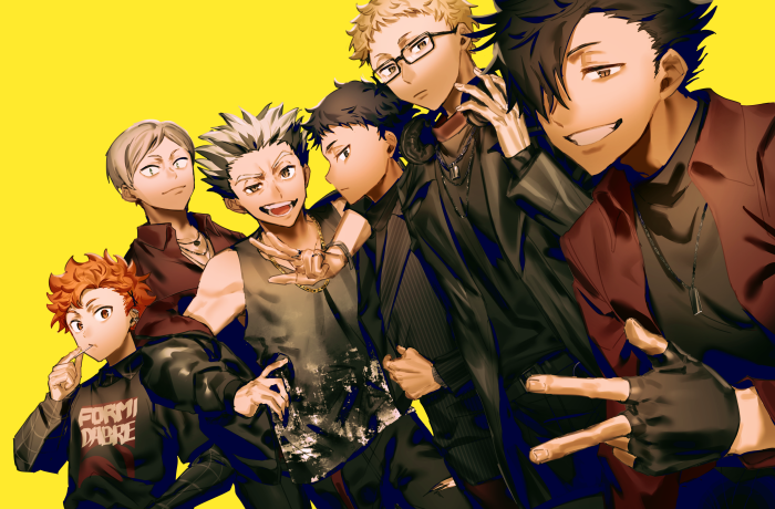 Haikyu!! characters Shoyo Hinata, Kōtarō Bokuto, Keiji Akaashi, Lev Haiba, Kei Tsukishima, and Tetsurō Kuroo