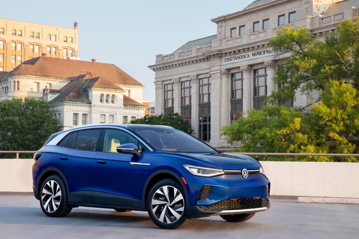 Blue Volkswagen ID.4 AWD Pro S electric car