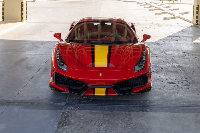 Red Ferrari 488 Pista Spider with Yellow Stripes