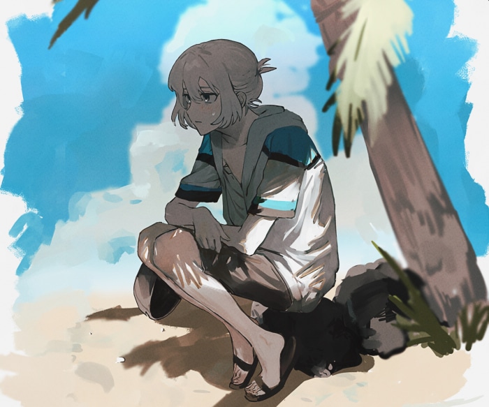 Shirota Mitsuki from Jack Jeanne sitting on a beach