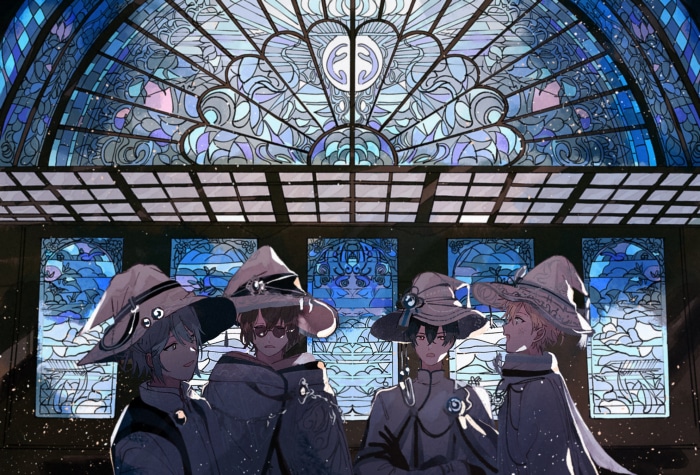 Four wizards in hats stand before a stained glass window