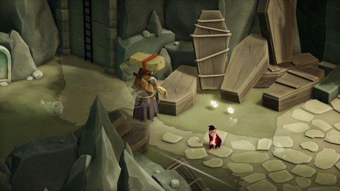 Death's Door character in a tomb with coffins