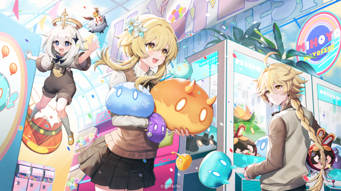 Lumine, Aether, and Paimon from Genshin Impact at a festival