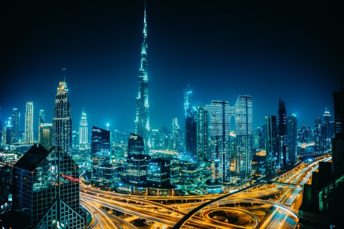 Dubai skyline with Burj Khalifa at night 4K