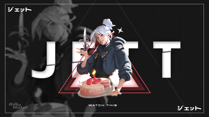 Jett from Valorant holding a cake