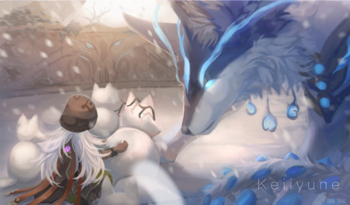 Genshin Impact: Andrius and Razor in a snowy landscape