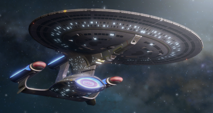 Galaxy-X-class Dreadnought starship in space