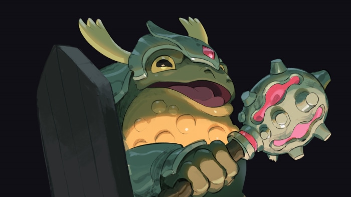 Frog warrior with sword and mace