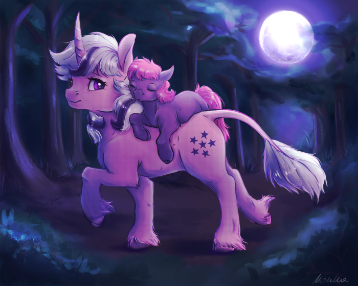 Twilight and Ember from My Little Pony in a forest at night