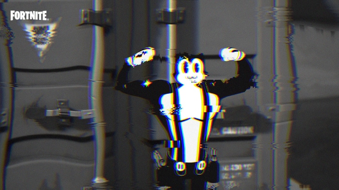 Fortnite character flexing in a glitchy style